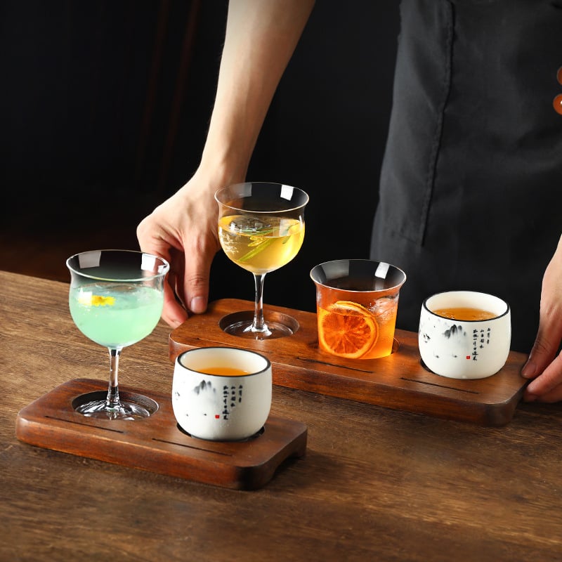 Set ceramic de cești pentru cafea cu tavă din lemn perforată pentru cold brew și latte american, stil retro