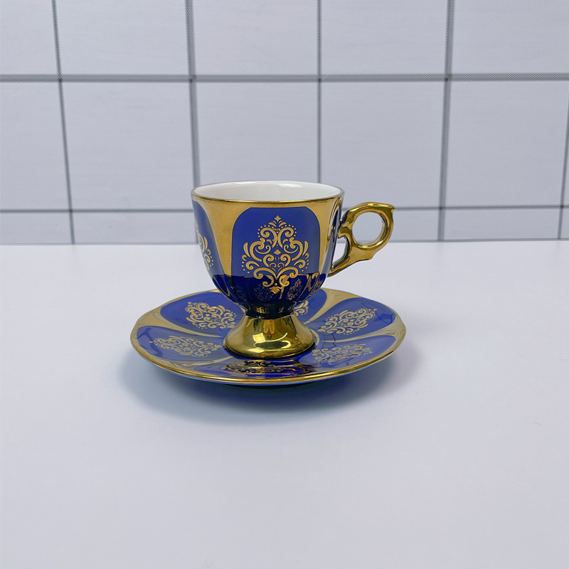 Set de cești și farfurioare ceramice pentru cafea, stil lux ușor, 12 piese, inspirație arabă/orientul mijlociu, model geometric floral