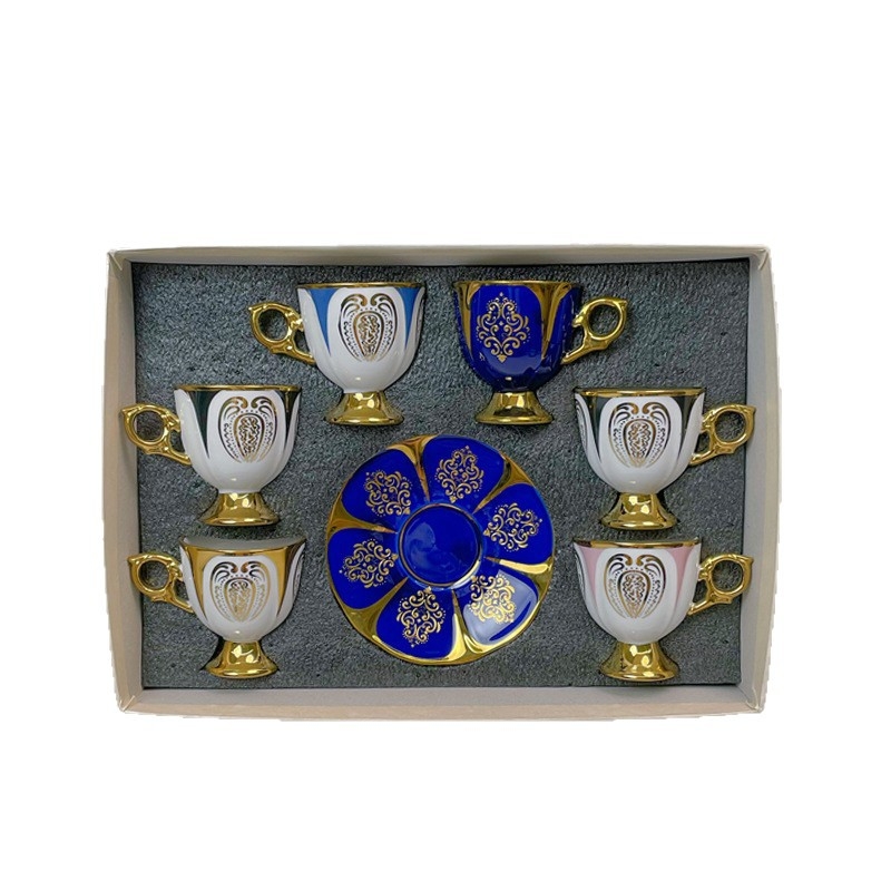 Set de cești și farfurioare ceramice pentru cafea, stil lux ușor, 12 piese, inspirație arabă/orientul mijlociu, model geometric floral