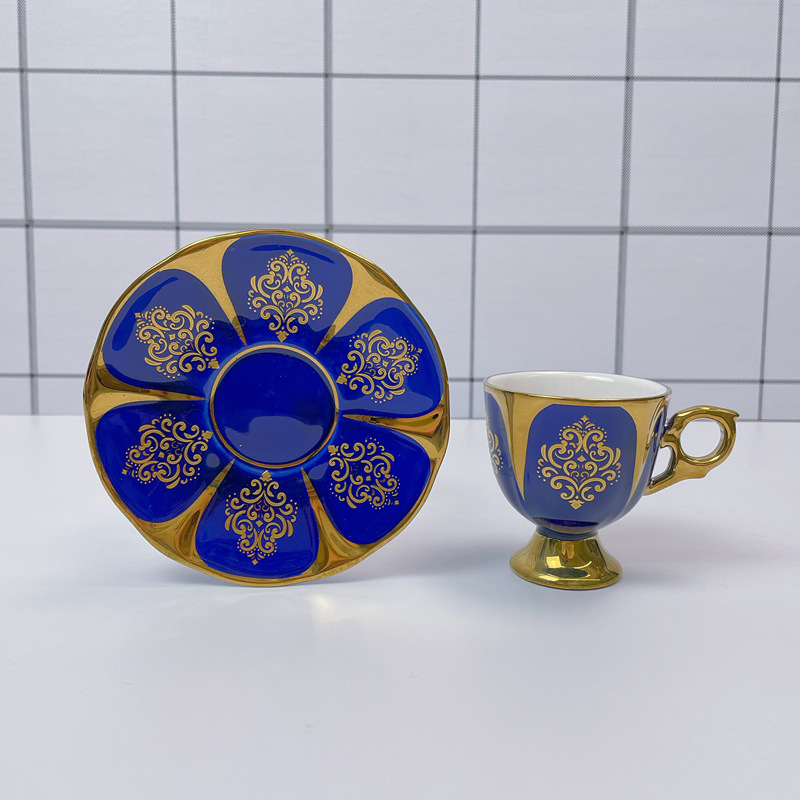 Set de cești și farfurioare ceramice pentru cafea, stil lux ușor, 12 piese, inspirație arabă/orientul mijlociu, model geometric floral