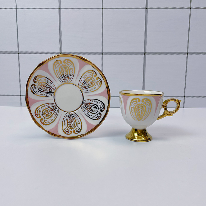 Set de cești și farfurioare ceramice pentru cafea, stil lux ușor, 12 piese, inspirație arabă/orientul mijlociu, model geometric floral