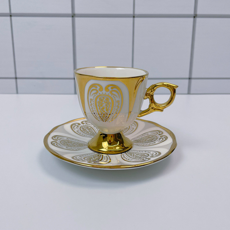 Set de cești și farfurioare ceramice pentru cafea, stil lux ușor, 12 piese, inspirație arabă/orientul mijlociu, model geometric floral