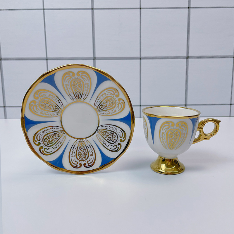 Set de cești și farfurioare ceramice pentru cafea, stil lux ușor, 12 piese, inspirație arabă/orientul mijlociu, model geometric floral
