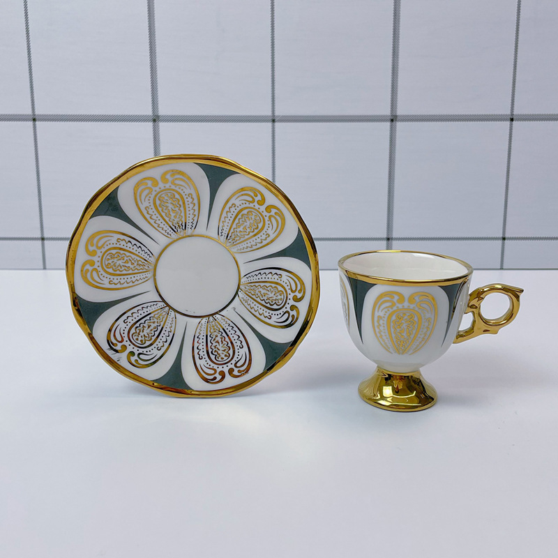 Set de cești și farfurioare ceramice pentru cafea, stil lux ușor, 12 piese, inspirație arabă/orientul mijlociu, model geometric floral