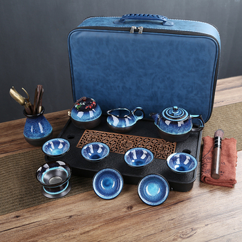 Set Gongfu de ceai cu cer albastru înstelat și glazură care se schimbă în cuptor, tavă de ceai, accesorii pentru ceremonia ceaiului din lemn de abanos, husă mare din piele