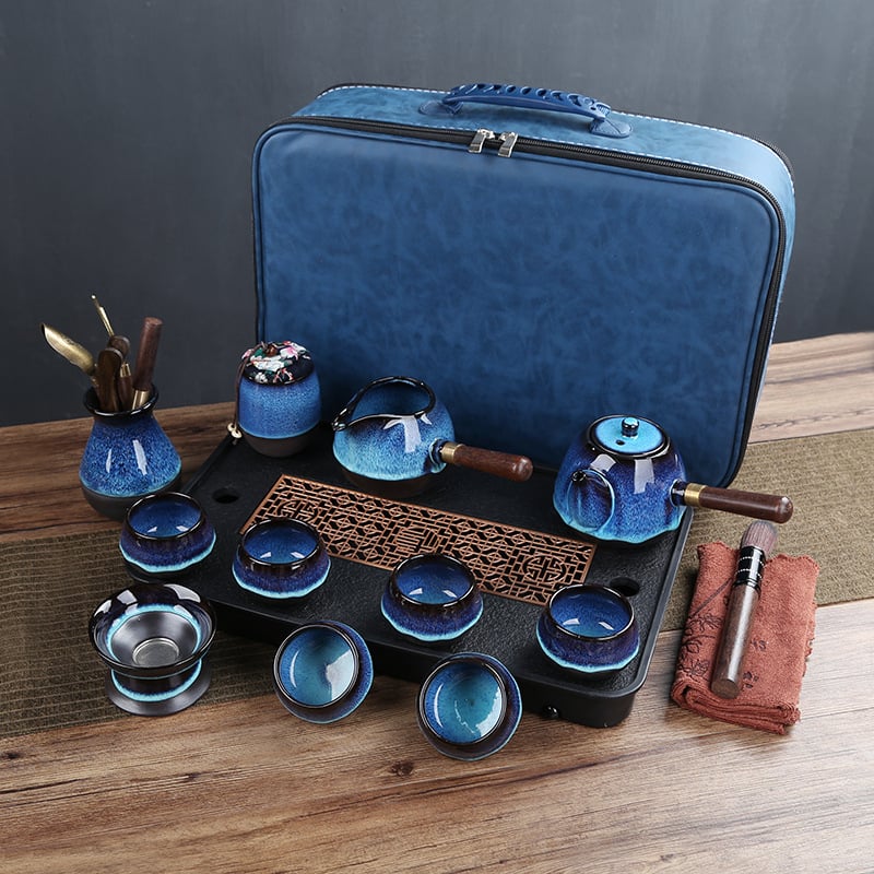Set Gongfu de ceai cu cer albastru înstelat și glazură care se schimbă în cuptor, tavă de ceai, accesorii pentru ceremonia ceaiului din lemn de abanos, husă mare din piele