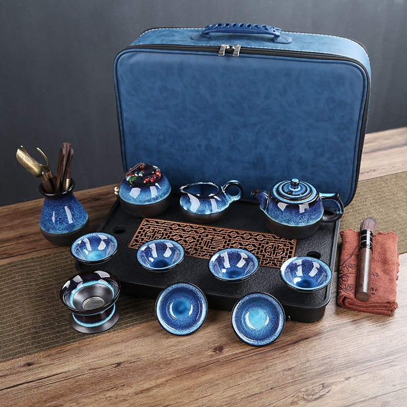 Set Gongfu de ceai cu cer albastru înstelat și glazură care se schimbă în cuptor, tavă de ceai, accesorii pentru ceremonia ceaiului din lemn de abanos, husă mare din piele