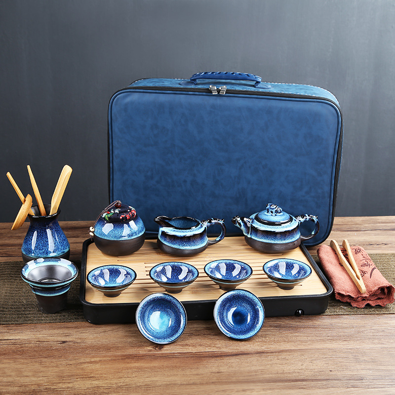 Set Gongfu de ceai cu cer albastru înstelat și glazură care se schimbă în cuptor, tavă de ceai, accesorii pentru ceremonia ceaiului din lemn de abanos, husă mare din piele