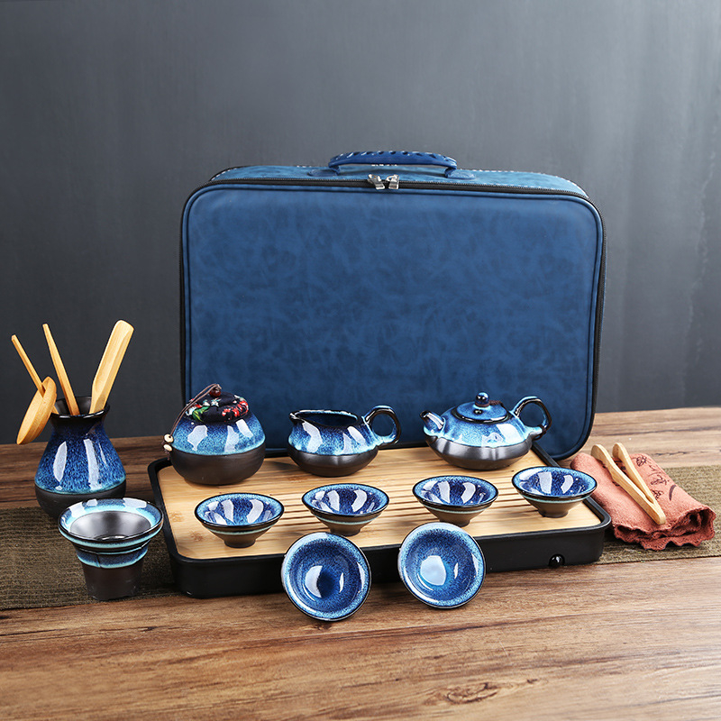 Set Gongfu de ceai cu cer albastru înstelat și glazură care se schimbă în cuptor, tavă de ceai, accesorii pentru ceremonia ceaiului din lemn de abanos, husă mare din piele