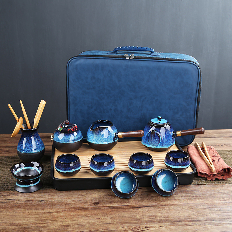 Set Gongfu de ceai cu cer albastru înstelat și glazură care se schimbă în cuptor, tavă de ceai, accesorii pentru ceremonia ceaiului din lemn de abanos, husă mare din piele