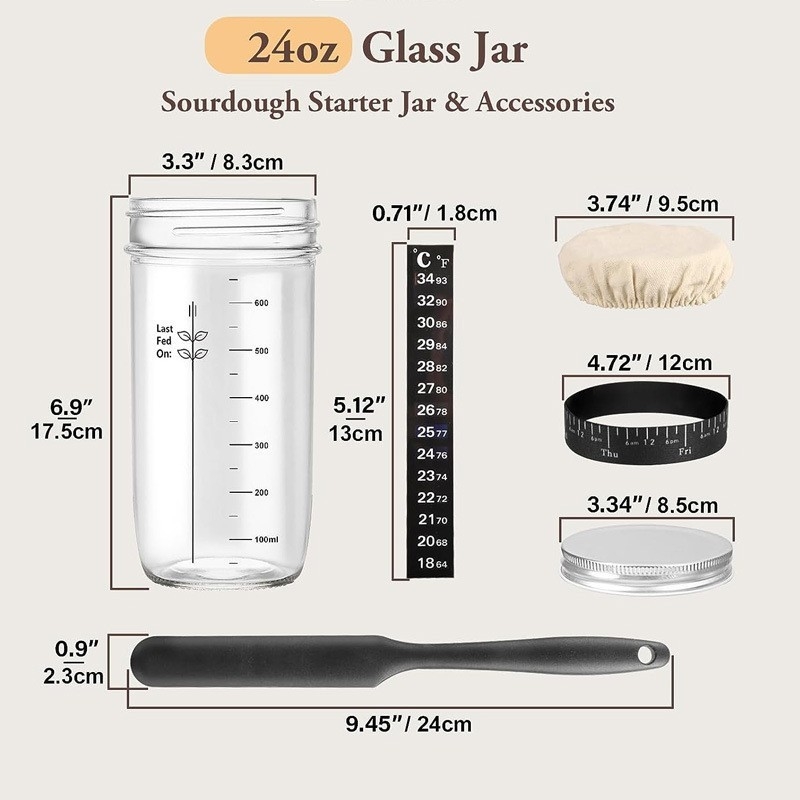 Borcan din sticlă pentru fermentarea aluatului de pâine, 24 oz, cu capac și termometru