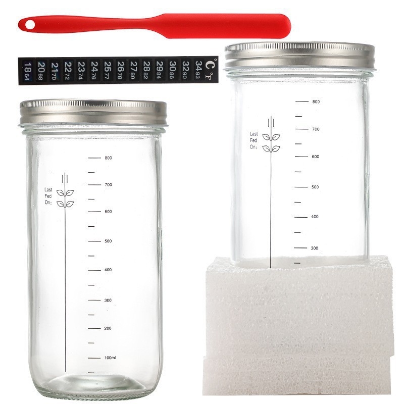 Borcan din sticlă pentru fermentarea aluatului de pâine, 24 oz, cu capac și termometru