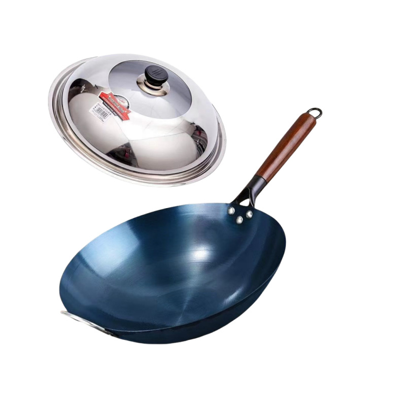 Wok din fier forjat, fund rotund, netencuit, pentru aragaz cu gaze, wok tradițional albastru din fier pentru uz casnic