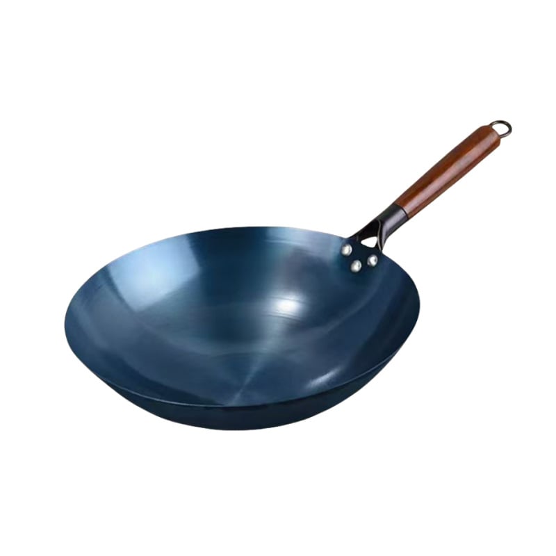 Wok din fier forjat, fund rotund, netencuit, pentru aragaz cu gaze, wok tradițional albastru din fier pentru uz casnic