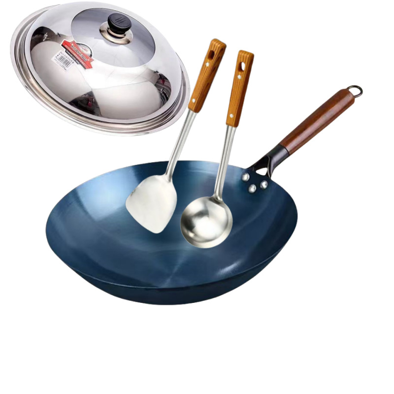 Wok din fier forjat, fund rotund, netencuit, pentru aragaz cu gaze, wok tradițional albastru din fier pentru uz casnic