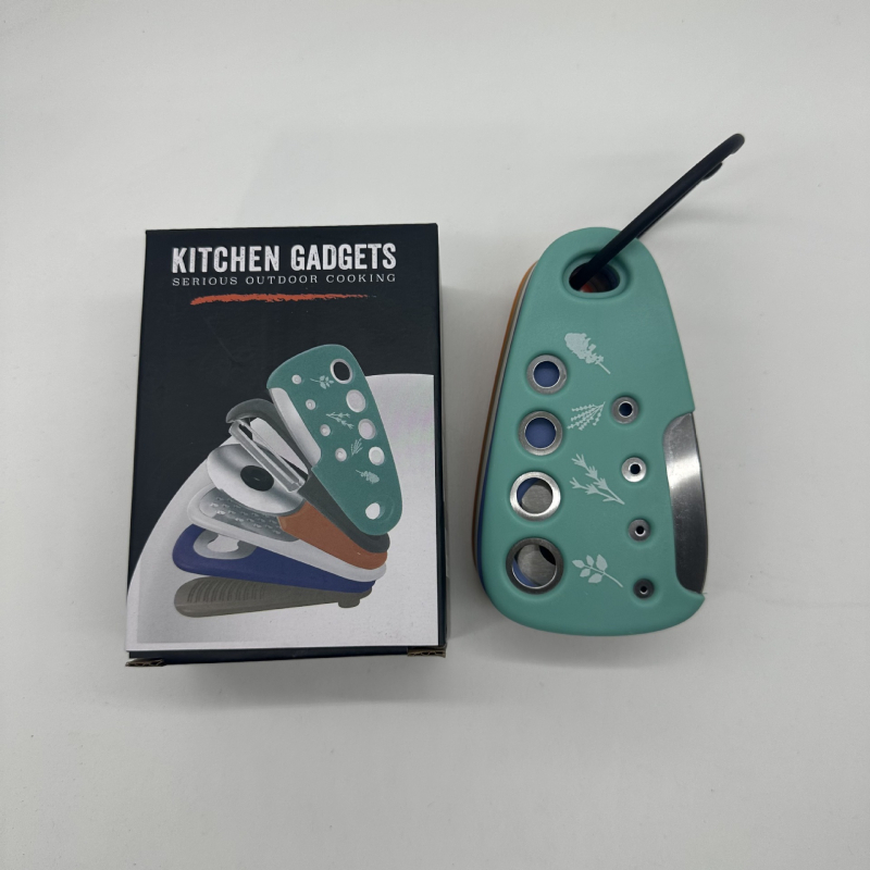 Set de 6 unelte de bucătărie din oțel inoxidabil, stivuibil — răzuitor pentru pepene, tăietor pentru plante aromatice și deschizător de sticle