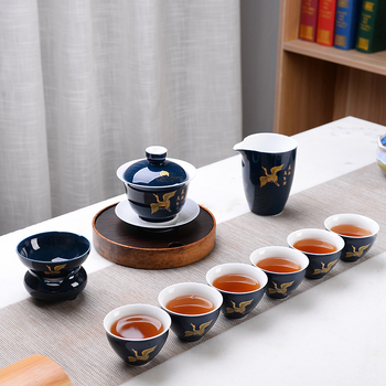 Set Gongfu din ceramică, 10 piese, glazură albastră, cadou de afaceri de lux, personalizabil