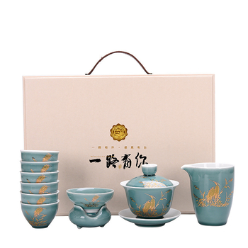 Set Gongfu din ceramică, 10 piese, glazură albastră, cadou de afaceri de lux, personalizabil