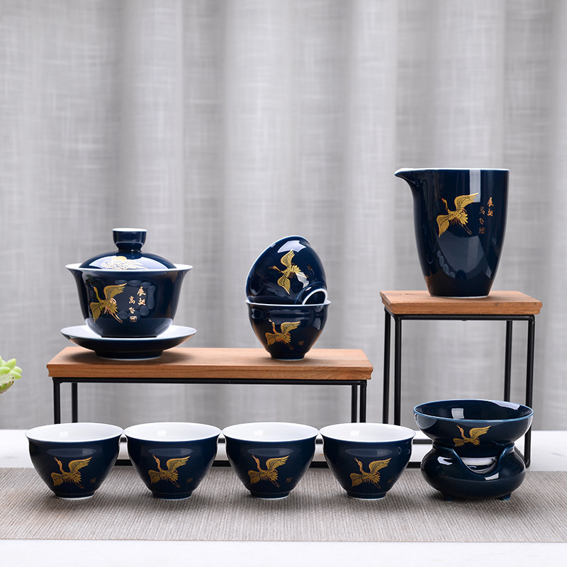 Set Gongfu din ceramică, 10 piese, glazură albastră, cadou de afaceri de lux, personalizabil