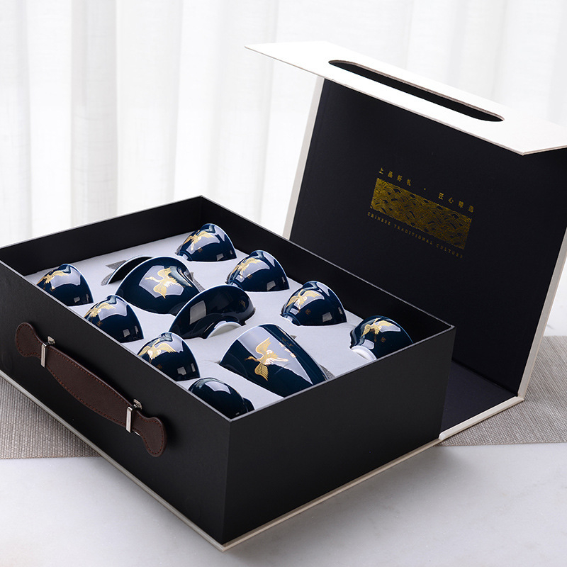 Set Gongfu din ceramică, 10 piese, glazură albastră, cadou de afaceri de lux, personalizabil