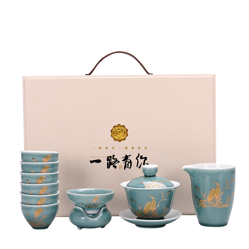 Set Gongfu din ceramică, 10 piese, glazură albastră, cadou de afaceri de lux, personalizabil