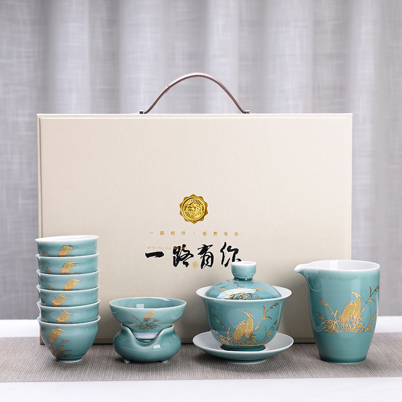 Set Gongfu din ceramică, 10 piese, glazură albastră, cadou de afaceri de lux, personalizabil