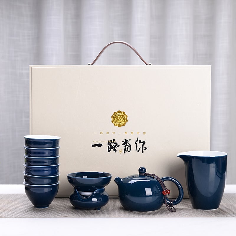Set Gongfu din ceramică, 10 piese, glazură albastră, cadou de afaceri de lux, personalizabil