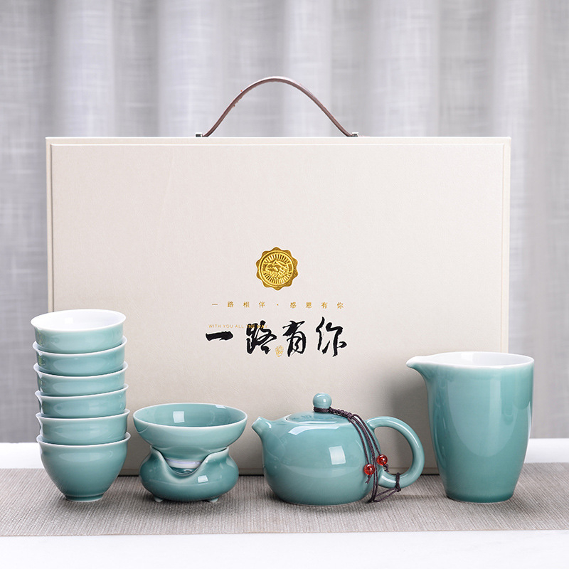 Set Gongfu din ceramică, 10 piese, glazură albastră, cadou de afaceri de lux, personalizabil
