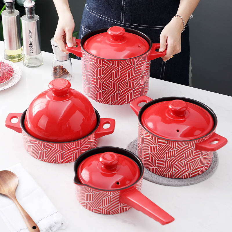 CNNB Oală ceramică roșie cu capac, 3.1–4 L, corp din ceramică, antiaderent, potrivită pentru aragaz cu gaz