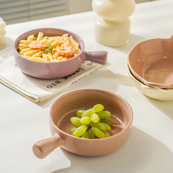 Vas ceramic cu mâner pentru uz casnic, vas de copt ceramic cu mâner, bol pentru mic dejun cu ovăz, salată de fructe și iaurt, stil nordic, diametru aproximativ 20 cm