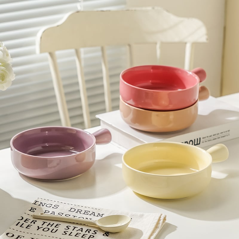 Vas ceramic cu mâner pentru uz casnic, vas de copt ceramic cu mâner, bol pentru mic dejun cu ovăz, salată de fructe și iaurt, stil nordic, diametru aproximativ 20 cm