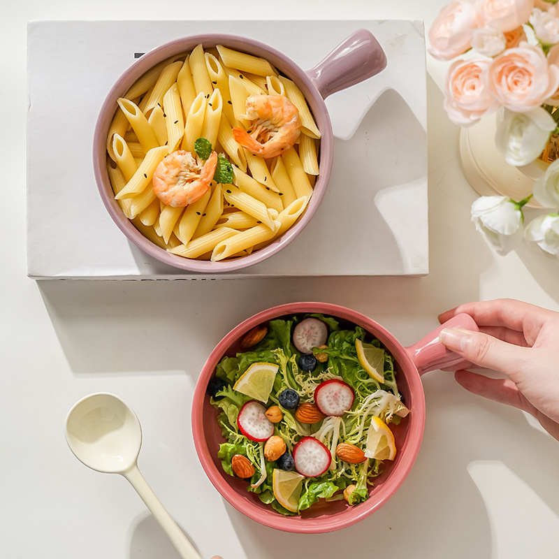 Vas ceramic cu mâner pentru uz casnic, vas de copt ceramic cu mâner, bol pentru mic dejun cu ovăz, salată de fructe și iaurt, stil nordic, diametru aproximativ 20 cm