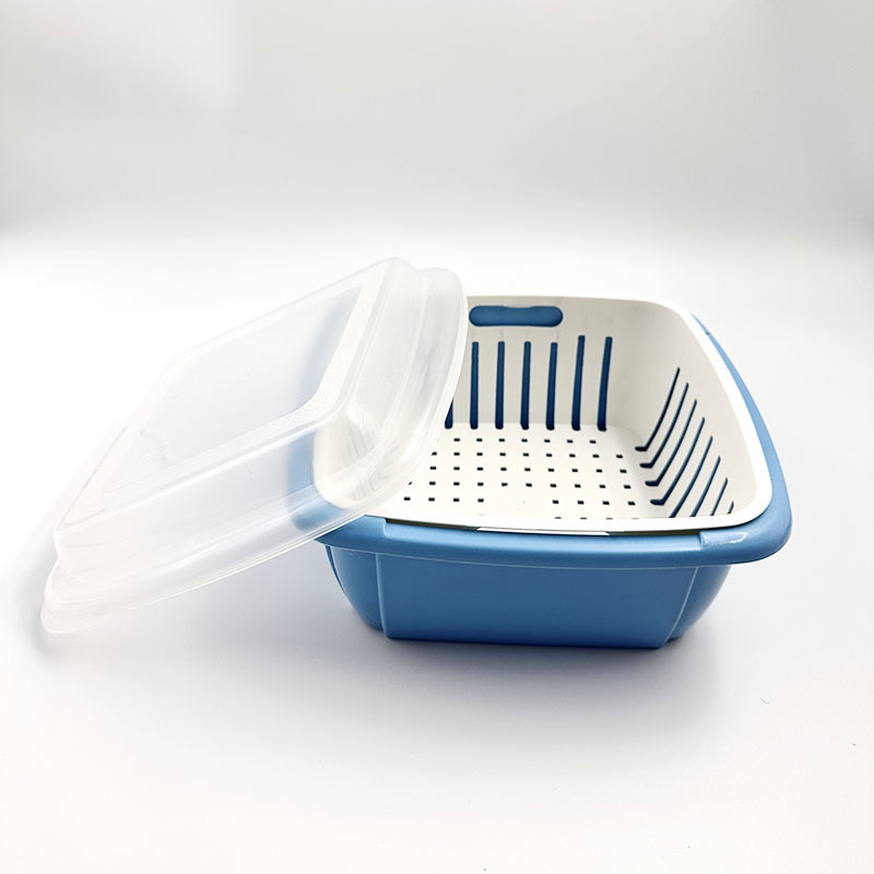 Coș dublu strat pentru spălarea și scurgerea legumelor și fructelor, cu capac, recipient plastic pentru depozitare