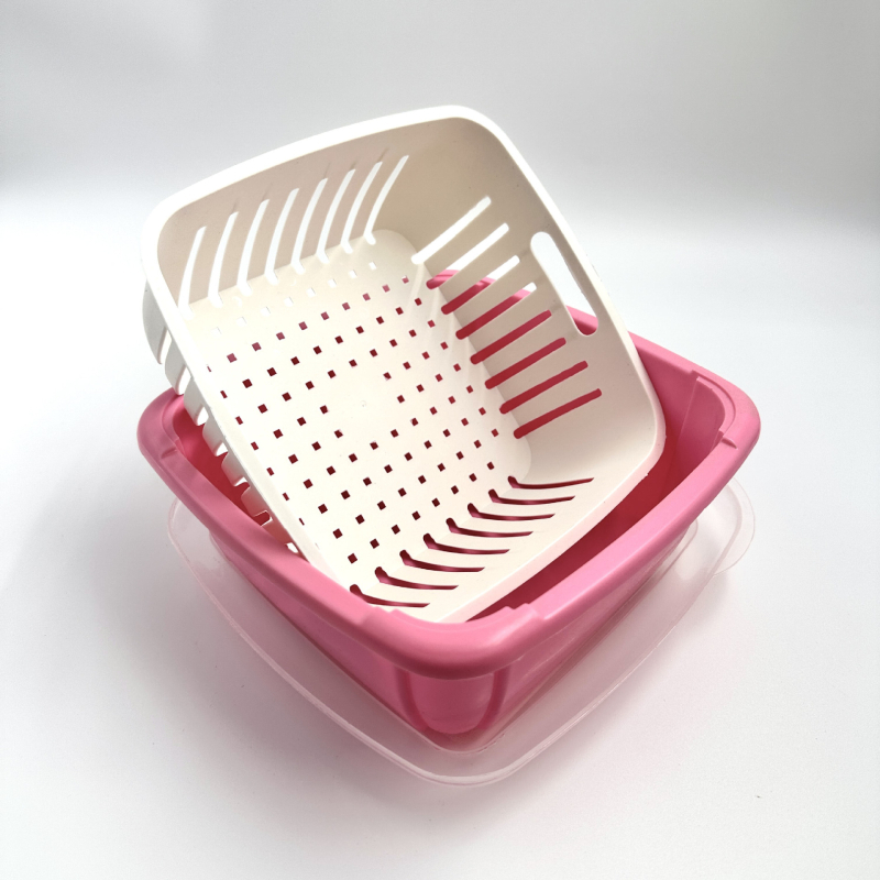 Coș dublu strat pentru spălarea și scurgerea legumelor și fructelor, cu capac, recipient plastic pentru depozitare