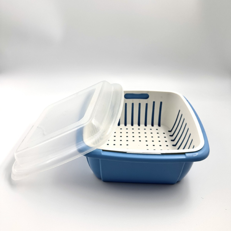 Coș dublu strat pentru spălarea și scurgerea legumelor și fructelor, cu capac, recipient plastic pentru depozitare
