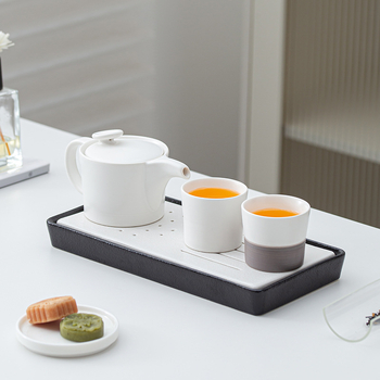 Set Gongfu de ceai în stil japonez, porțelan alb, ceainic și cești, mic set pentru două persoane, cu tavă de lemn pentru ceai