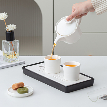 Set Gongfu de ceai în stil japonez, porțelan alb, ceainic și cești, mic set pentru două persoane, cu tavă de lemn pentru ceai