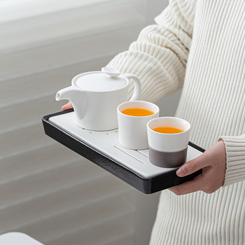 Set Gongfu de ceai în stil japonez, porțelan alb, ceainic și cești, mic set pentru două persoane, cu tavă de lemn pentru ceai