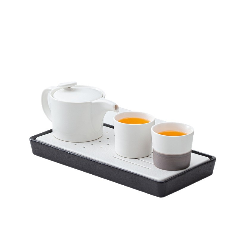 Set Gongfu de ceai în stil japonez, porțelan alb, ceainic și cești, mic set pentru două persoane, cu tavă de lemn pentru ceai