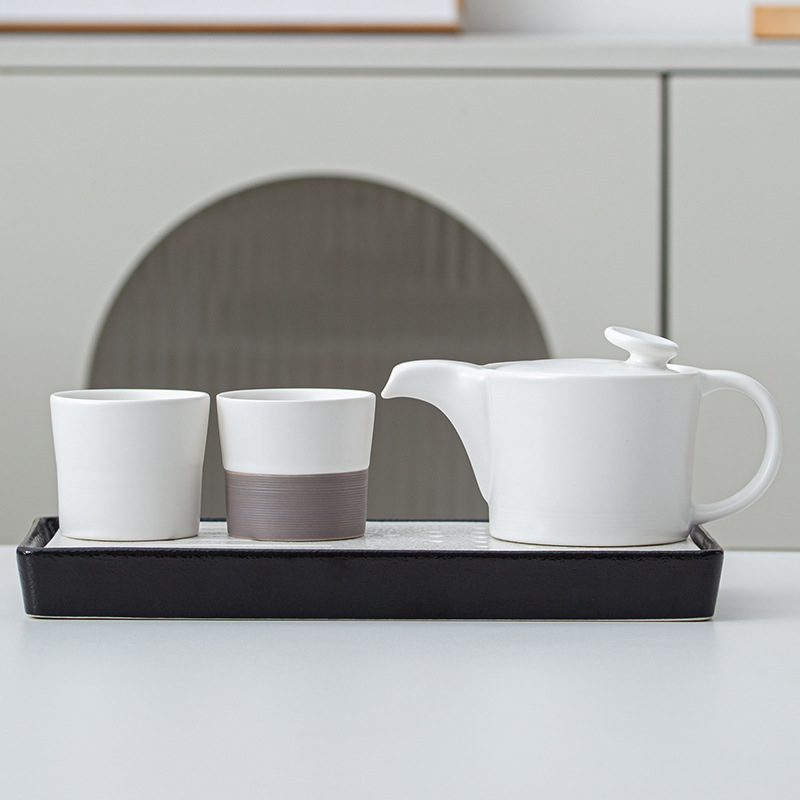 Set Gongfu de ceai în stil japonez, porțelan alb, ceainic și cești, mic set pentru două persoane, cu tavă de lemn pentru ceai