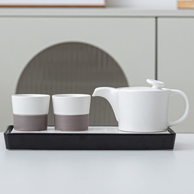 Set Gongfu de ceai în stil japonez, porțelan alb, ceainic și cești, mic set pentru două persoane, cu tavă de lemn pentru ceai