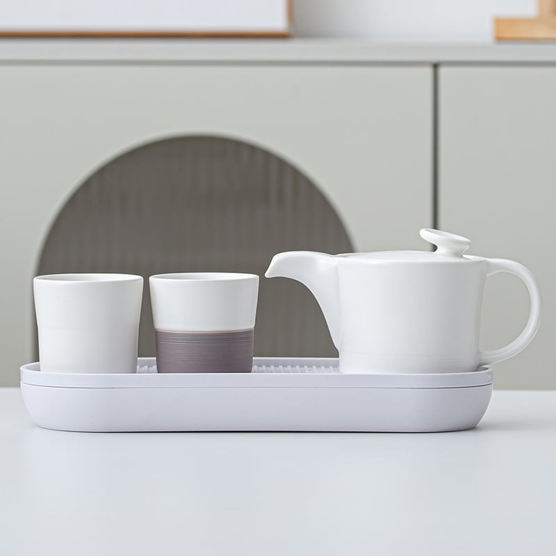 Set Gongfu de ceai în stil japonez, porțelan alb, ceainic și cești, mic set pentru două persoane, cu tavă de lemn pentru ceai