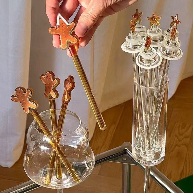 Amestecător de cafea din sticlă, mâner lung, serie de Crăciun, design drăguț de desene animate, pentru ceai cu lapte și suc, uz casnic
