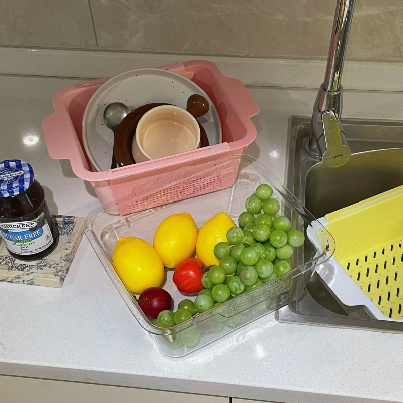 Coș telescopic de scurgere, cu două niveluri, pentru fructe și legume, în tonuri pastel pentru bucătărie de acasă