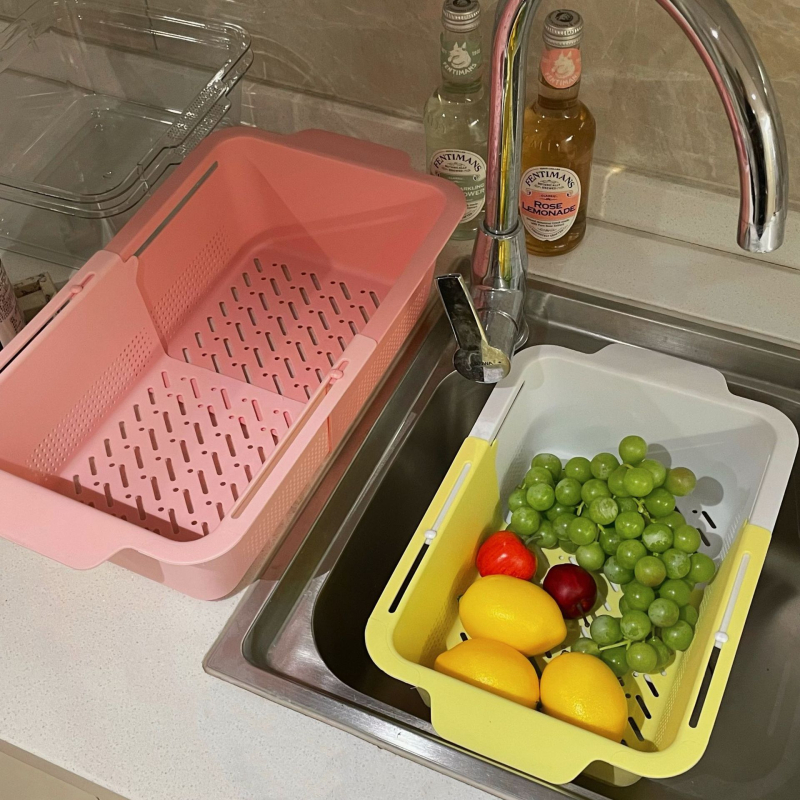 Coș telescopic de scurgere, cu două niveluri, pentru fructe și legume, în tonuri pastel pentru bucătărie de acasă