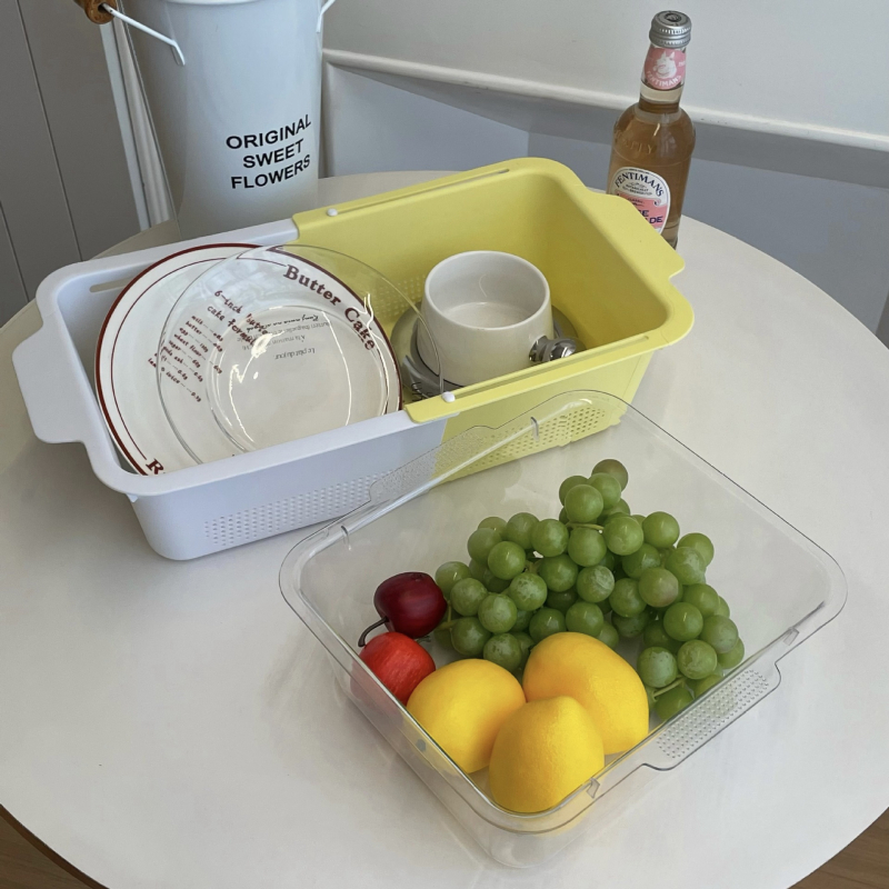 Coș telescopic de scurgere, cu două niveluri, pentru fructe și legume, în tonuri pastel pentru bucătărie de acasă