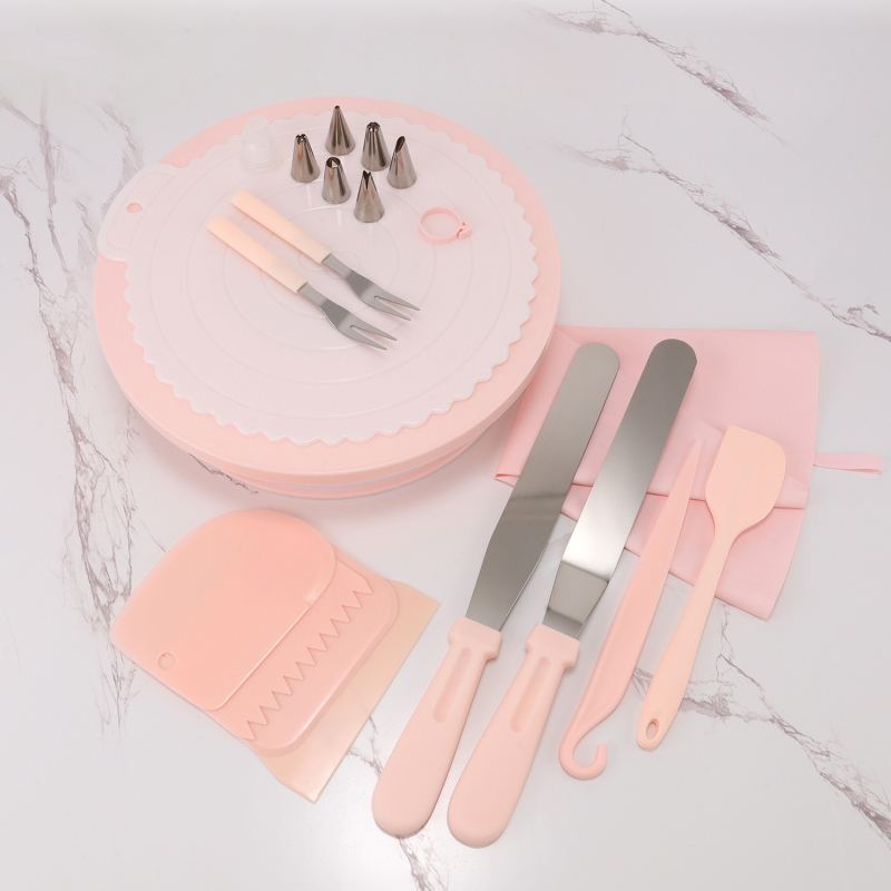 Set de decorare a torturilor cu platou rotativ, 20 de piese, spatule pentru cremă