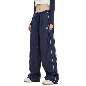 Američke retro široke sportske hlače s bočnim prugama, dužina do poda, ljeto 2024, casual Bella stil