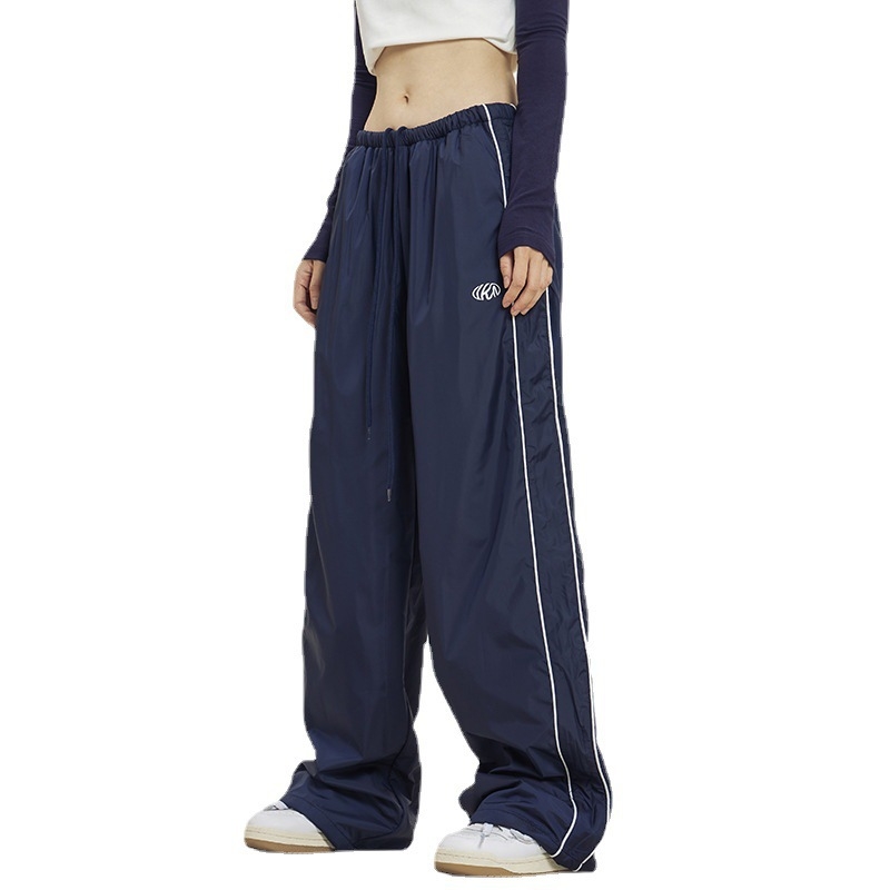 Američke retro široke sportske hlače s bočnim prugama, dužina do poda, ljeto 2024, casual Bella stil