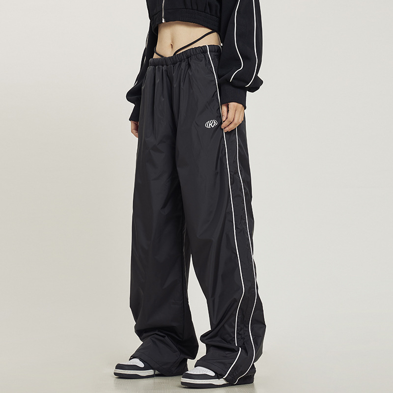 Američke retro široke sportske hlače s bočnim prugama, dužina do poda, ljeto 2024, casual Bella stil